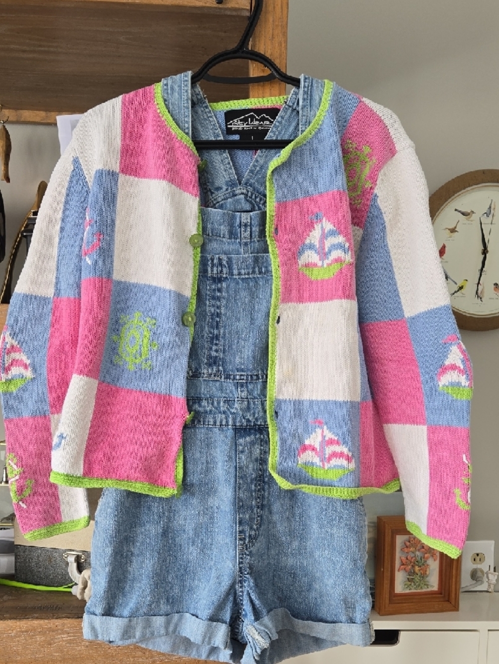 Patchwork Nautical Button Cardigan Sweater - Pink/Blue/White